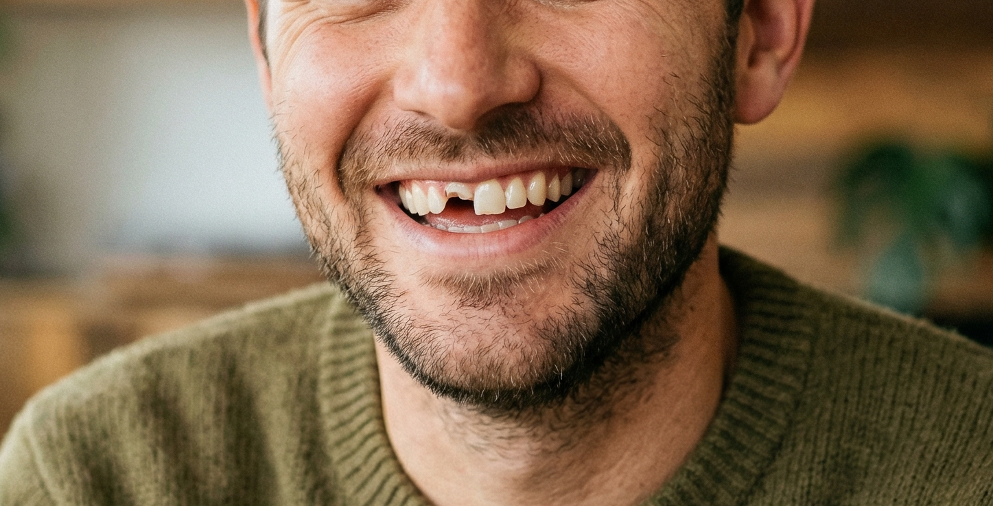 Homme souriant avec une dent cass&eacute;e, illustrant les gestes d'urgence dentaire