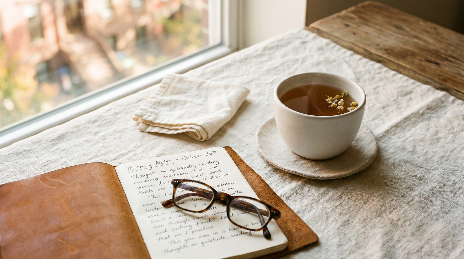 Lumi&egrave;re douce du matin sur une table en lin, tasse de tisane et carnet ouvert, &eacute;voquant le calme apr&egrave;s un soin dentaire