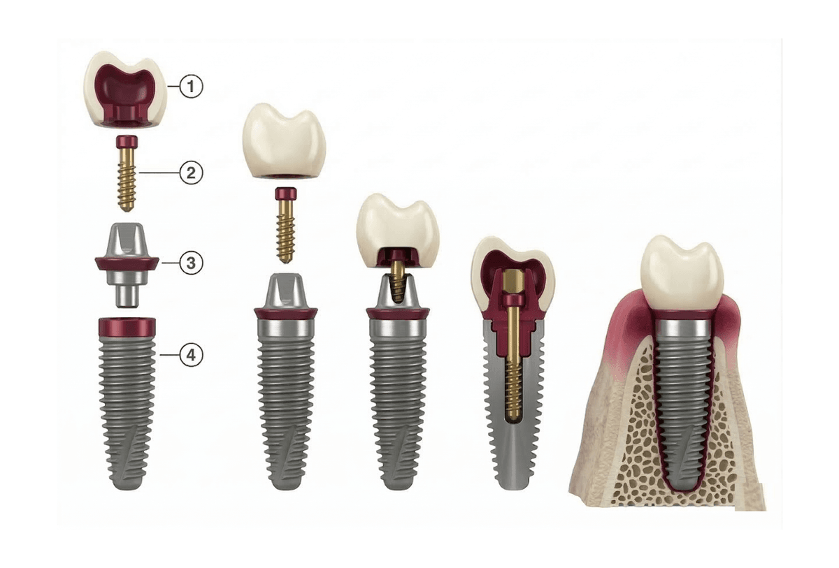 Étapes de pose d'un implant dentaire : couronne, pilier, implant en titane